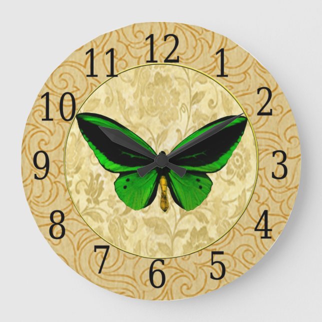 Grönt Butterfly On Blommigt Clock Stor Klocka (Framsida)