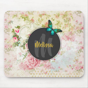 Grönt Butterfly on Chic Vintage Collage Monogram Musmatta