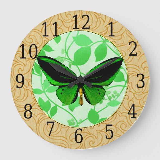 Grönt Butterfly On Grönt Löv Clock Stor Klocka (Framsida)