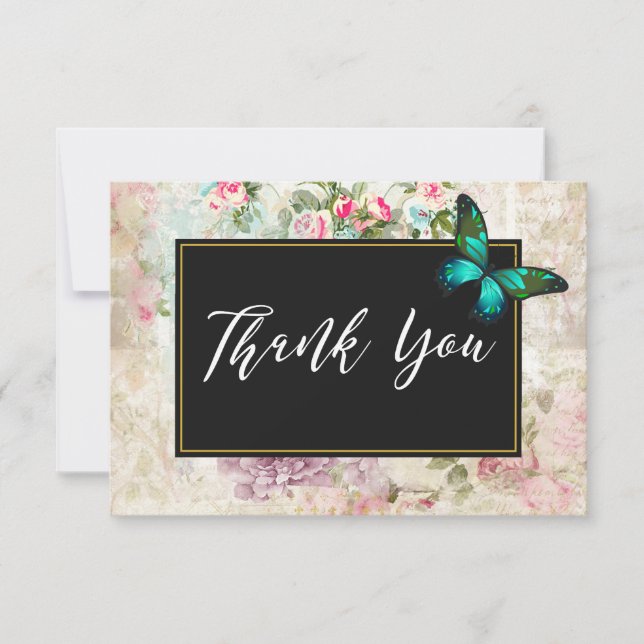 Grönt Butterfly on Rosa ros Collage Tack Kort (Framsida)