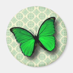 Grönt Butterfly på Vintage Mönster Magnet