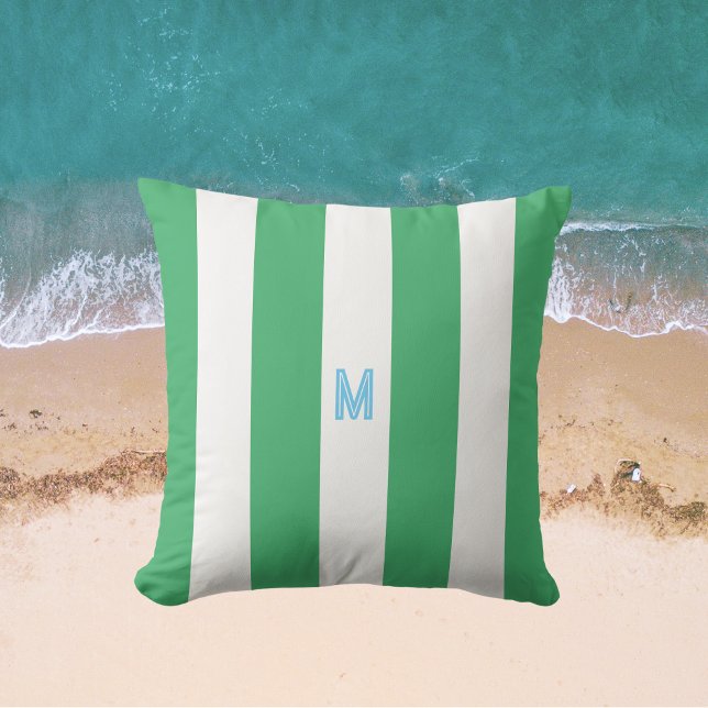 Grönt Cabana Rand & Personlig Blue Monogram Kudde (Skapare uppladdad)