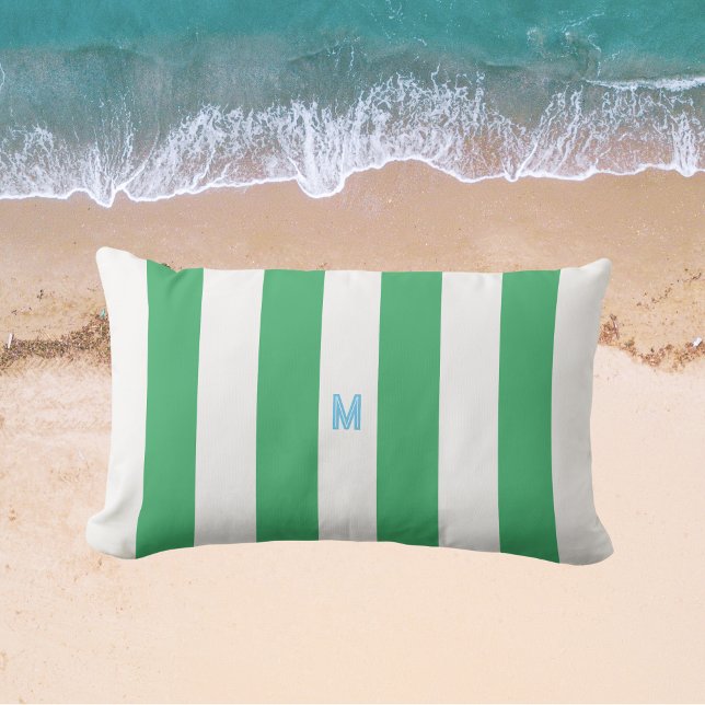 Grönt Cabana Rand & Personlig Blue Monogram Lumbarkudde (Skapare uppladdad)