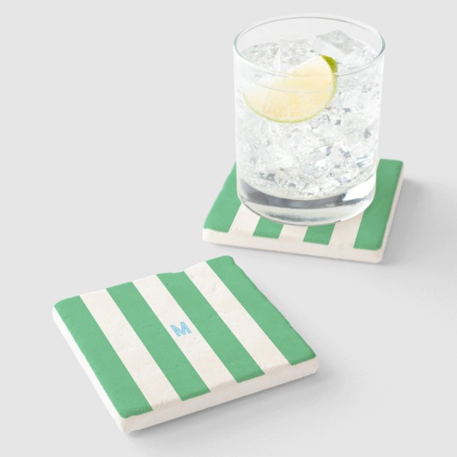Grönt Cabana Rand & Personlig Blue Monogram Stenunderlägg (Sidan)