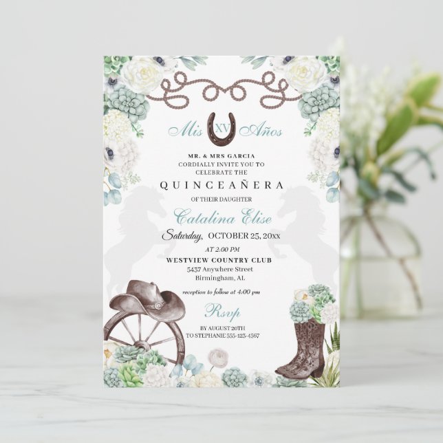 Grönt Cacti Western Horseshoe Charra Quinceanera Inbjudningar (Stående Fram)