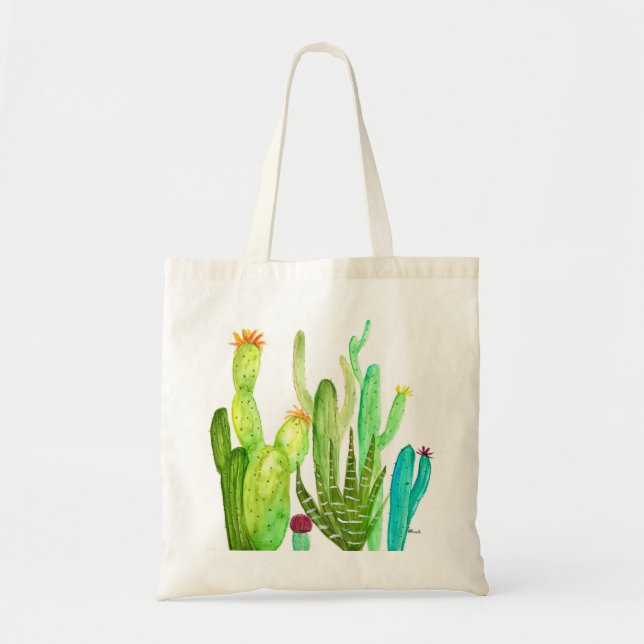 Grönt cactus cacti succulary plant water color tygkasse (Framsidan)