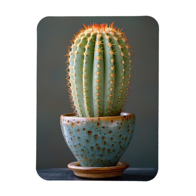 Grönt Cactus in a Teal Ceramic Pot Photography Magnet (Vertikal)