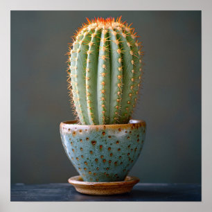 Grönt Cactus in a Teal Ceramic Pot Photography Poster