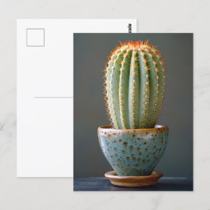 Grönt Cactus in a Teal Ceramic Pot Photography Vykort