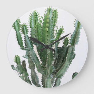 Grönt Cactus: Minimalistisk vit bakgrund Stor Klocka