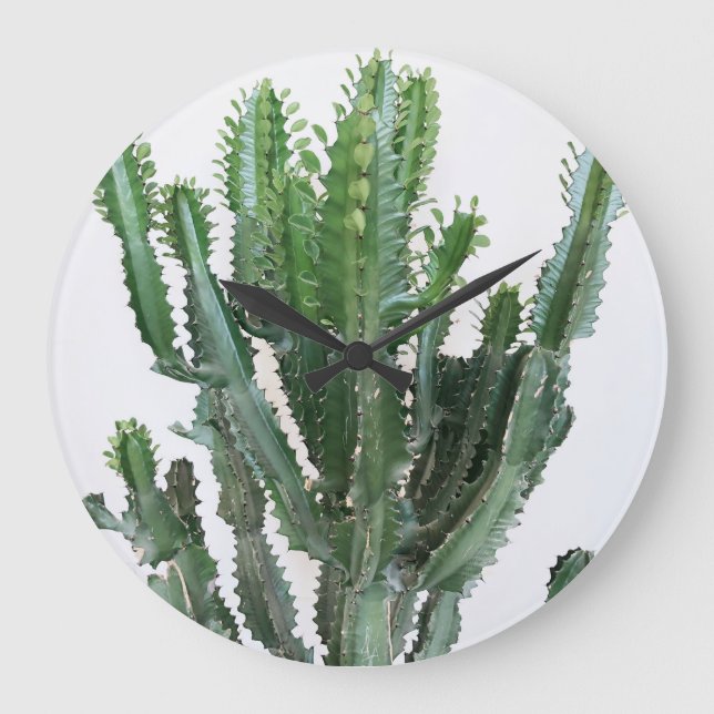Grönt Cactus: Minimalistisk vit bakgrund Stor Klocka (Framsida)