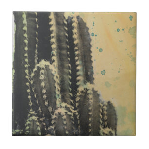 Grönt Cactus on Gult Background Kakelplatta