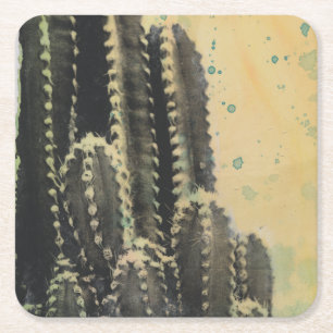 Grönt Cactus on Gult Background Underlägg Papper Kvadrat