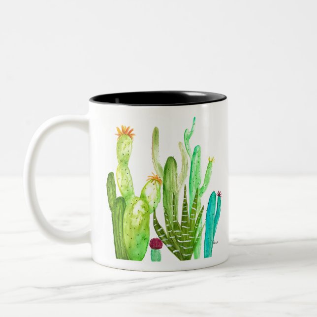 Grönt cactus succulus ökenvattenfärgscacti Två-Tonad mugg (Vänster)