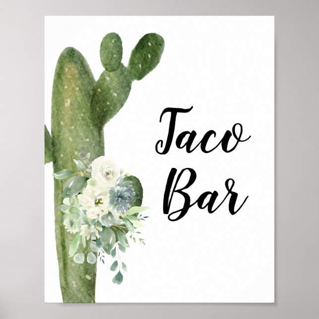Grönt Cactus Taco Pub Möhippa Blommigt Sign Poster (Framsidan)