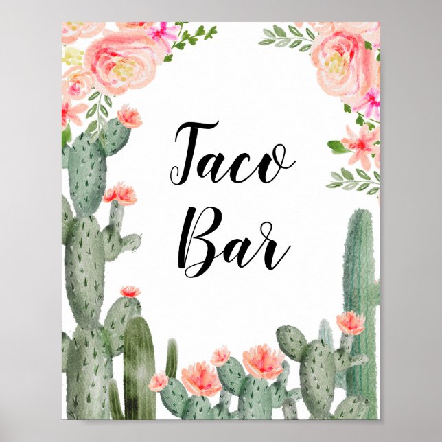 Grönt Cactus Taco Pub Möhippa Rosa Blommigt Poster (Framsidan)