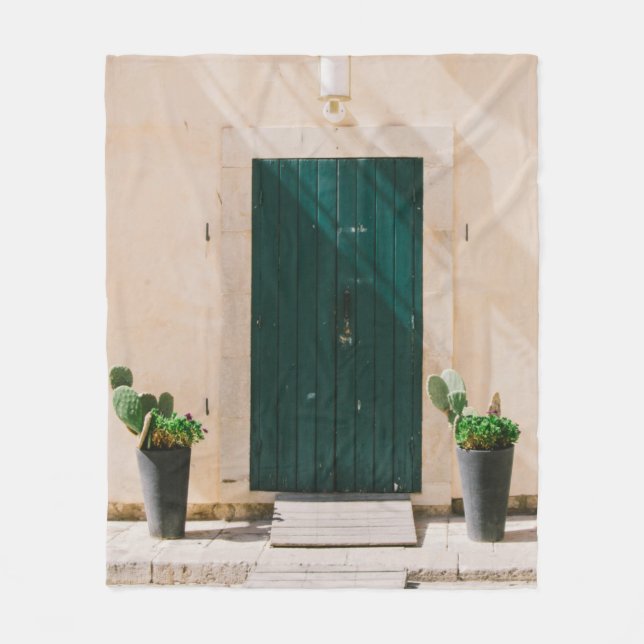 GRÖNT CACTUS VÄXTER NÄRA GRÖNTEN DÖRR FLEECEFILT (Framsidan)
