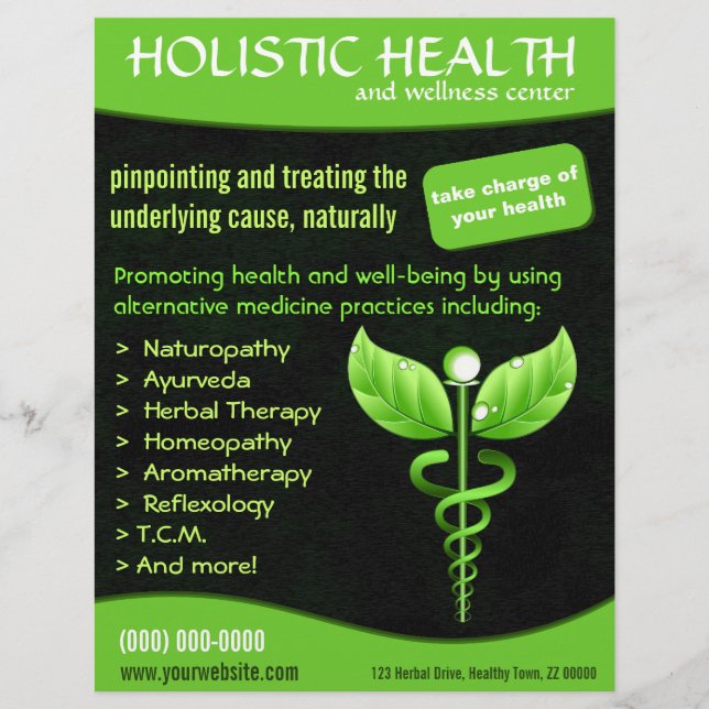 Grönt Caduceus Alternativ medicin Reklamblad (Framsidan)