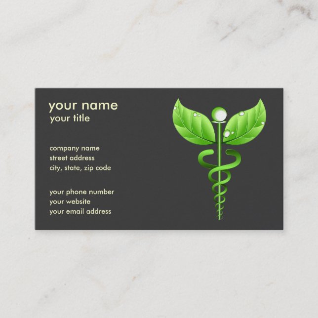 Grönt Caduceus Alternativ medicinsk symbol Visitkort (Framsida)