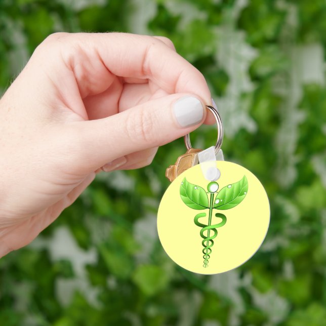 Grönt Caduceus Medicinal Alternative Medicine Gult Nyckelring (Hand)