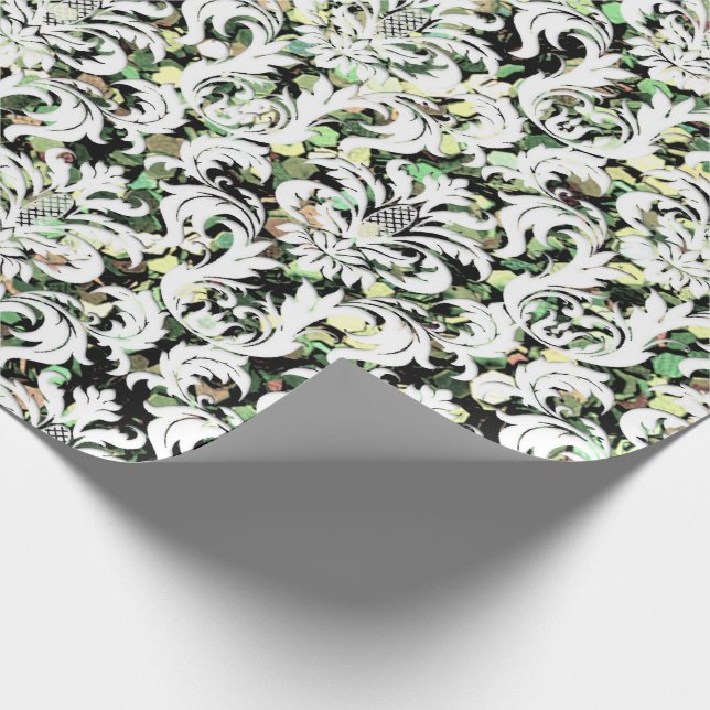 Grönt Cali Mint White Metallic Damask Sequin Presentpapper (Hörn)