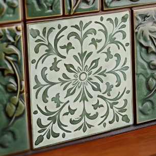 Grönt Calla Lily Backsplash Repro Art nouveau Kakelplatta