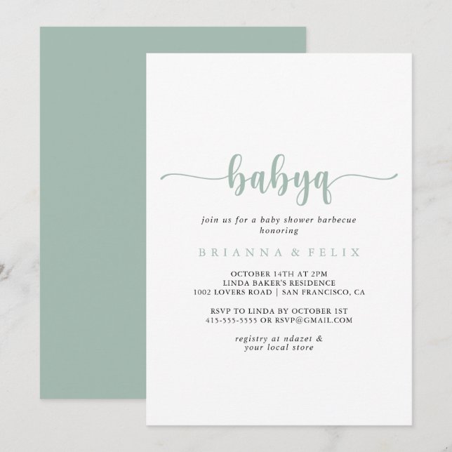 Grönt Calligraphy BabyQ Baby Shower Barbecue Inbjudningar (Fram/baksida)