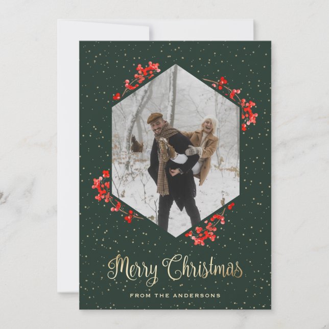 Grönt Calligraphy Red Berries Snö Photo jul Julkort (Framsida)