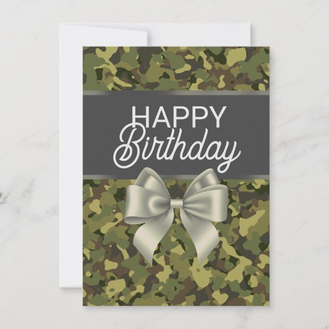 Grönt Camo & Bow Grattis på födelsedagen Card Inbjudningar (Framsida)