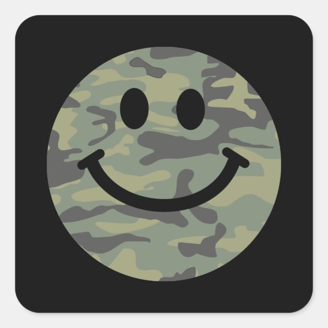Grönt Camo Lycklig Ansikte Fyrkantigt Klistermärke (Framsida)