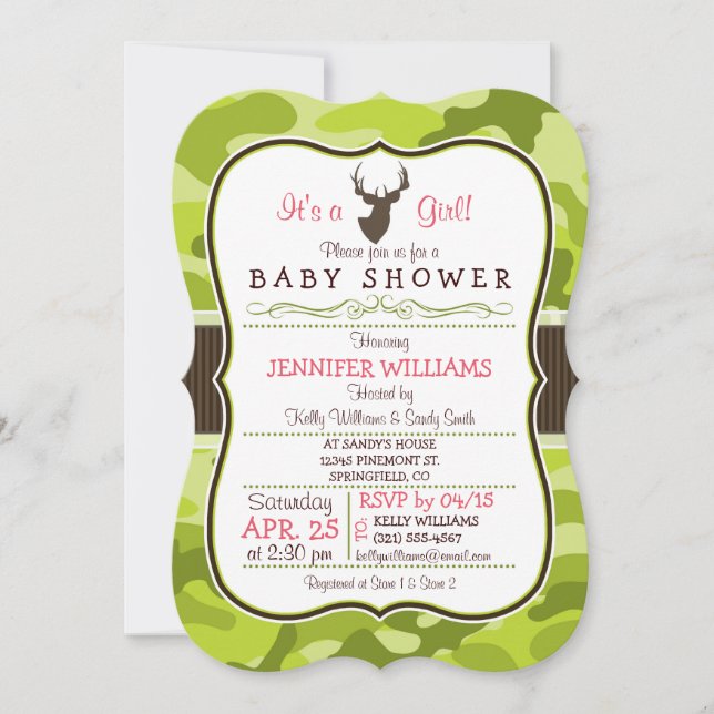 Grönt Camo med Buck, inbjudan till babybabyskor (Framsida)