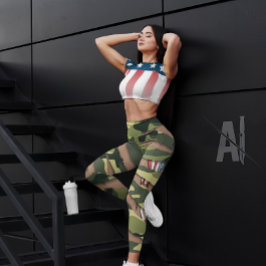 Grönt camo, tiger mönster, USA tatuering flagga. Leggings