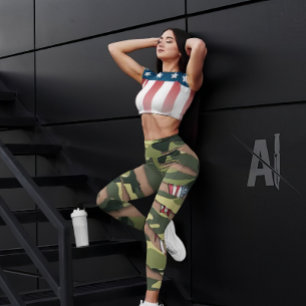 Grönt camo, tiger mönster, USA tatuering flagga. Leggings