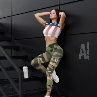 Grönt camo, tiger mönster, USA tatuering flagga. Leggings