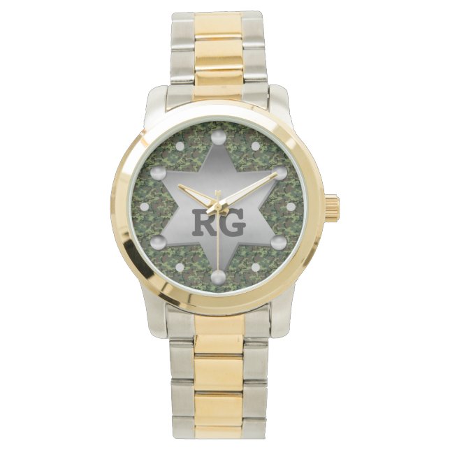 Grönt Camouflage Mönster sheriff Badge Monogram Armbandsur (Framsida)