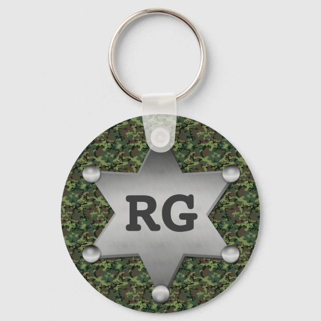 Grönt Camouflage Mönster sheriff Badge Monogram Nyckelring (Framsida)