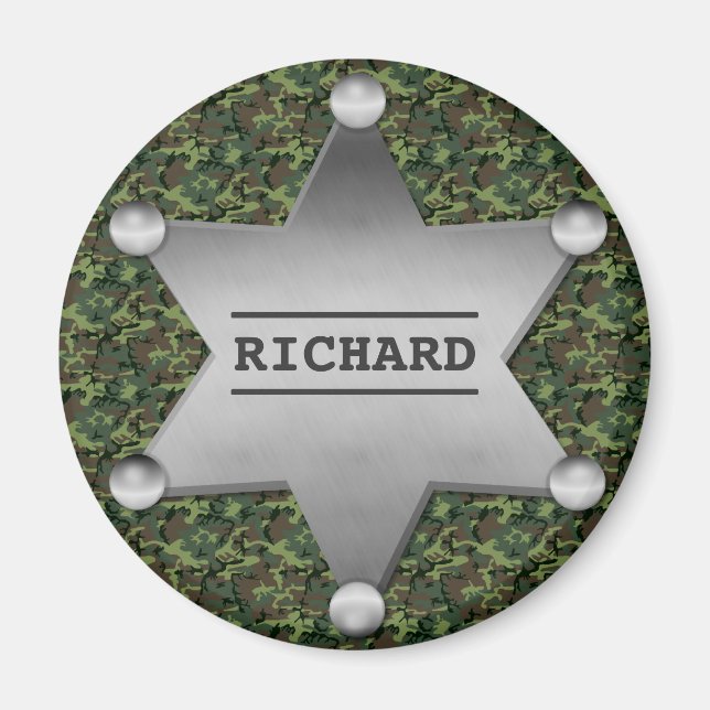 Grönt Camouflage Mönster sheriff Namn Badge Magnet (Framsidan)