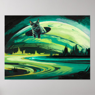 Grönt Cat Konstig Planet Wormhole Poster Skriv ut