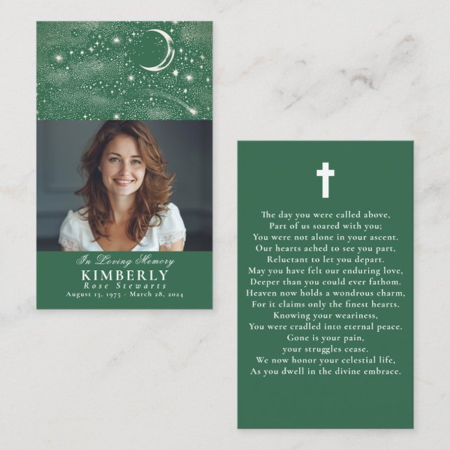 Grönt Celestial Funeral Memorial Prayer Photo Card Visitkort (Fram/baksida)