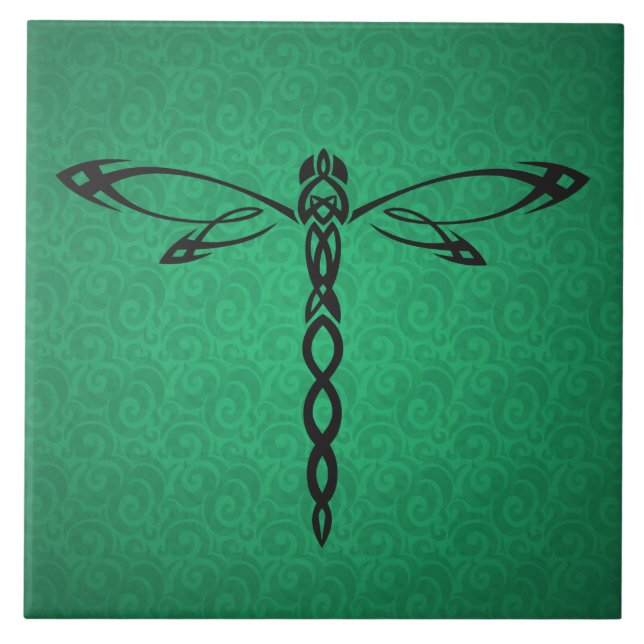 Grönt Celtic Dragonfly Ceramic Tile Kakelplatta (Framsidan)