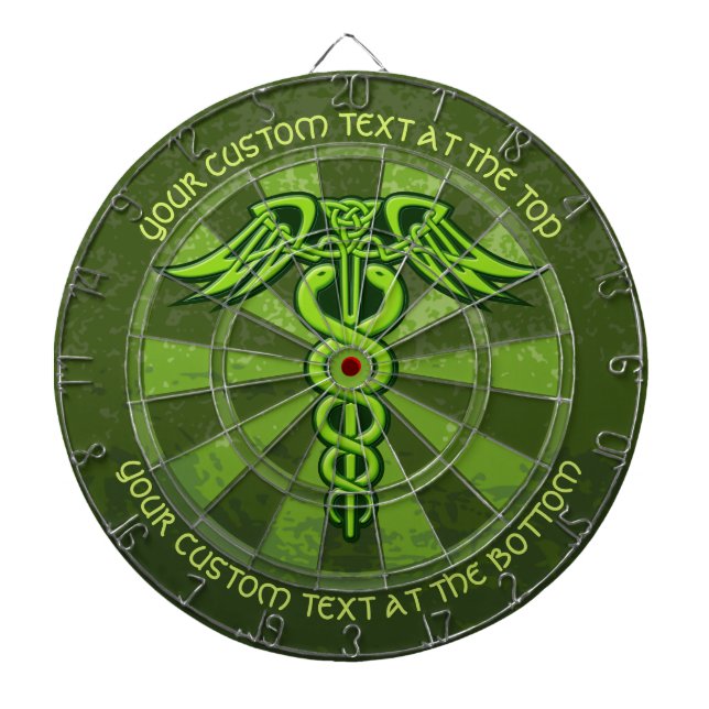 Grönt Celtic Knot Caduceus med Anpassningsbar Text Darttavla (Framsidan)