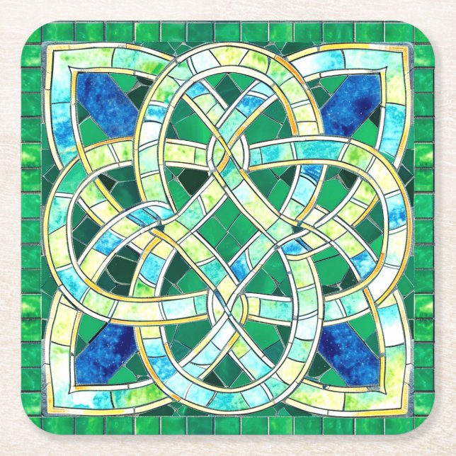 Grönt Celtic Knot Stone Mosaic Underlägg Papper Kvadrat (Framsidan)