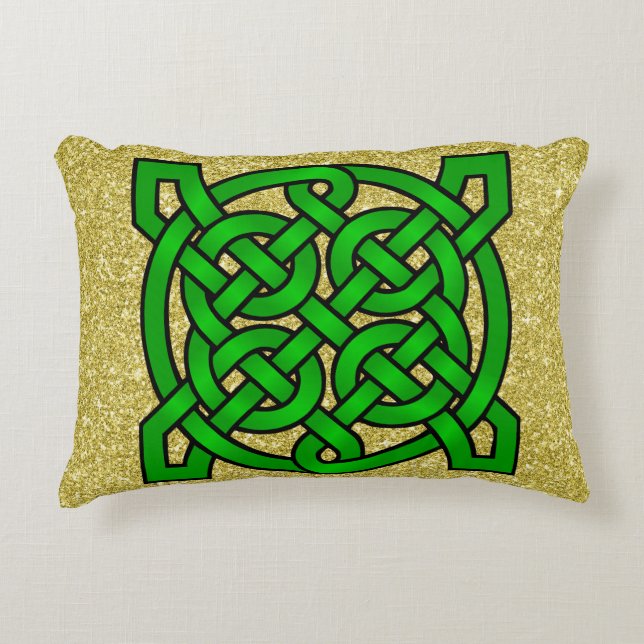 Grönt Celtic Knots Guld Faux Glitter Prydnadskudde (Framsidan)