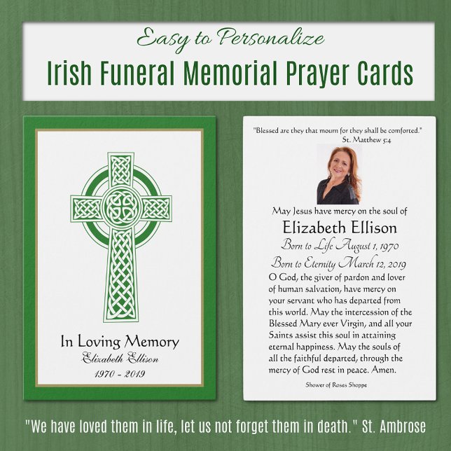 Grönt Celtic Kor Funeral Memorial Prayer Visitkort (Irish Traditional Classic Funeral Memorial Prayer Cards )