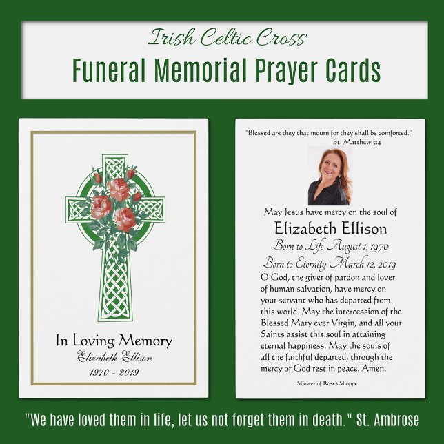 Grönt Celtic Kor Funeral Memorial Prayer Visitkort (irish Celtic Cross Memorial Prayer Cards)