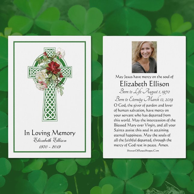 Grönt Celtic Kor Ro Funeral Memorial Prayer Visitkort (Green Celtic Cross Funeral Memorial Prayer Cards with roses)