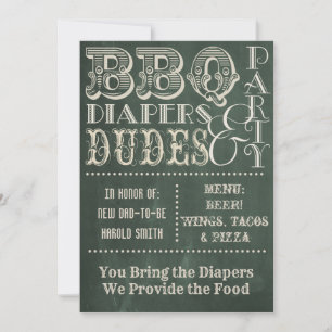 Grönt Chalkboard BBQ-blöjor och DUDES Baby Shower Inbjudningar