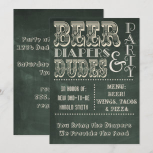 Grönt Chalkboard Beer Diaper & DUDES Baby Shower Inbjudningar