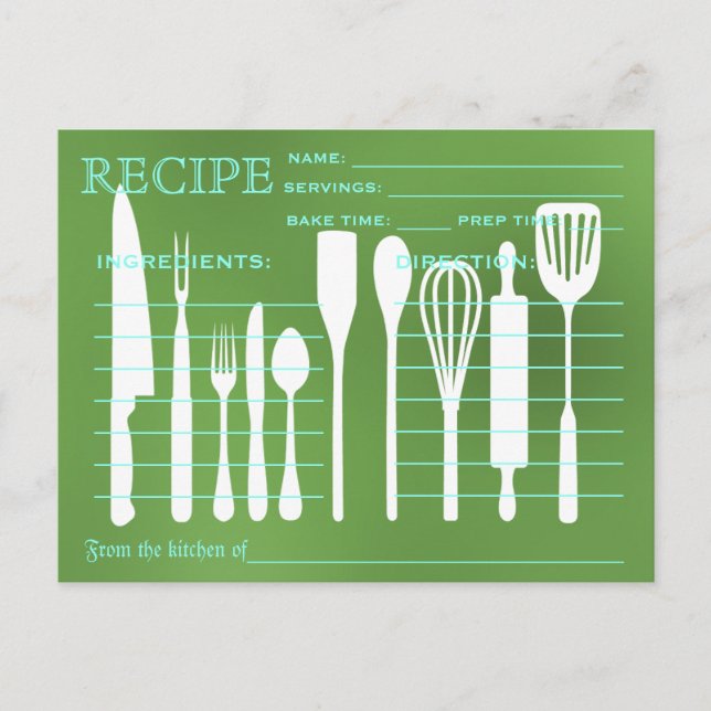 Grönt Chalkboard Retro Recipe Card Kitchen Verktyg Vykort (Framsida)