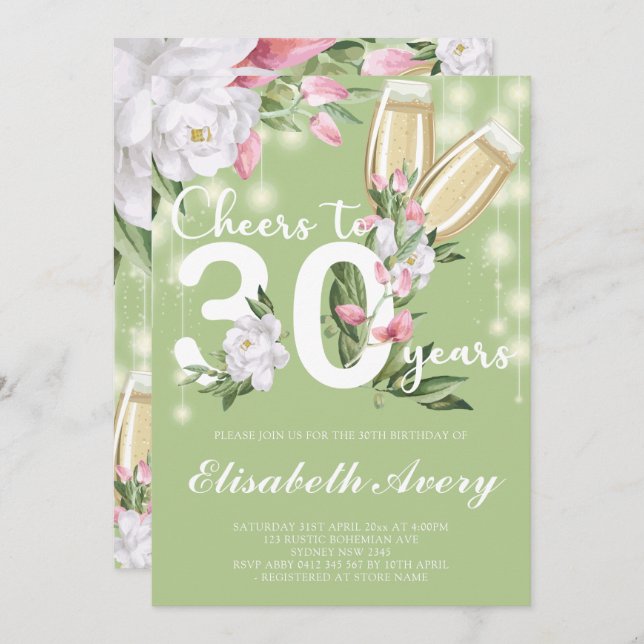 Grönt Champagne Blommigt 30års födelsedag Party Inbjudningar (Fram/baksida)